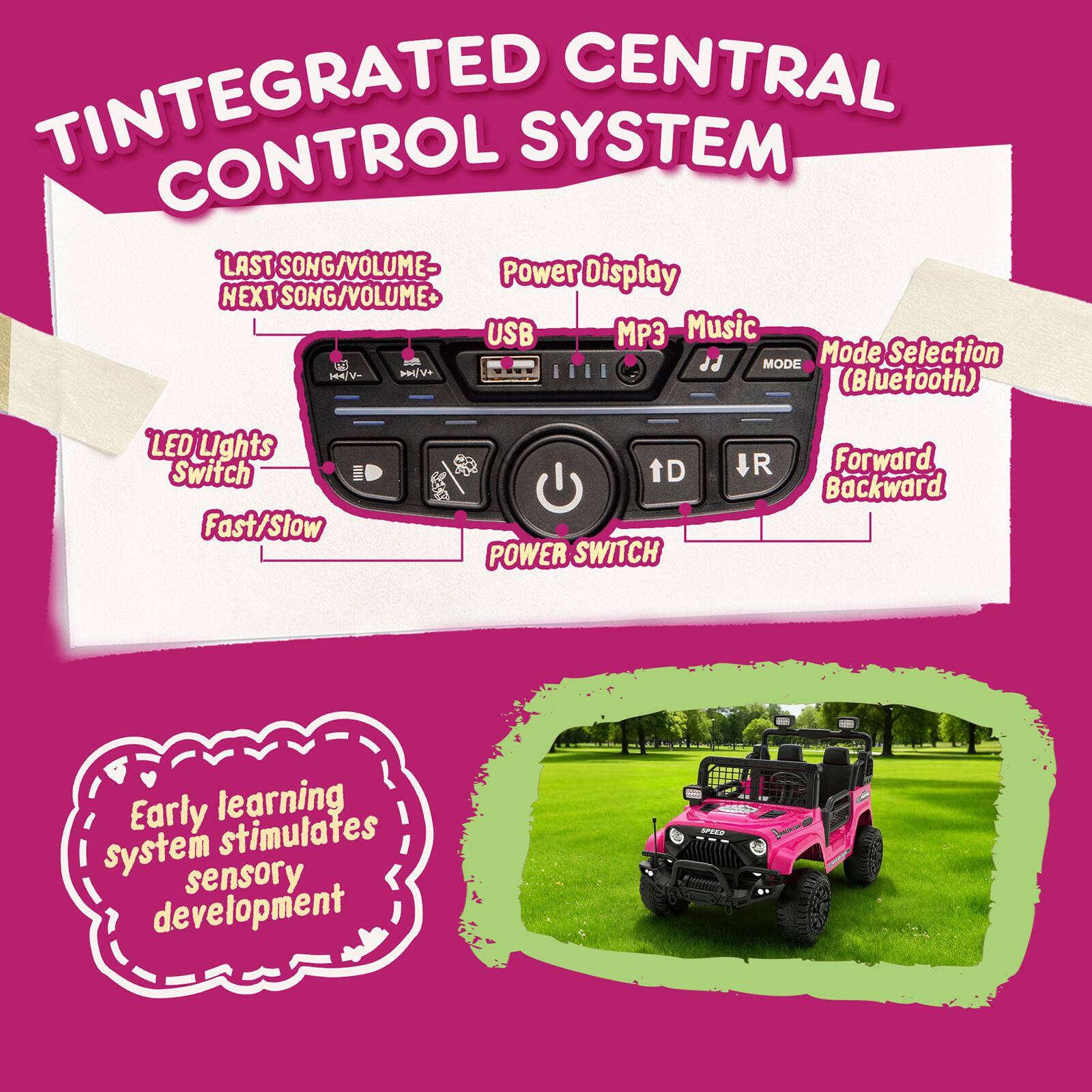 **TINTEGRATED CENTRAL CONTROL SYSTEM**

- LAST SONG/VOLUME-
- NEXT SONG/VOLUME+
- USB
- MP3 Music
- Mode Selection (Bluetooth)
- LED Lights Switch Fast/Slow
- Power Display
- Forward Backward
- POWER SWITCH

**Early learning system stimulates sensory development**
