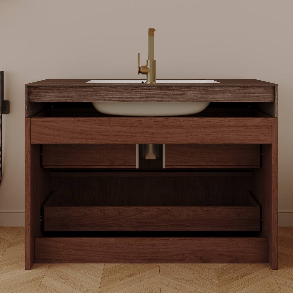 Alt View 3. Loheer - Loheer 30 inch floating bathroom vanity Walnut Wall Mounted Vanity with Sintered Stone Top - Walnut.