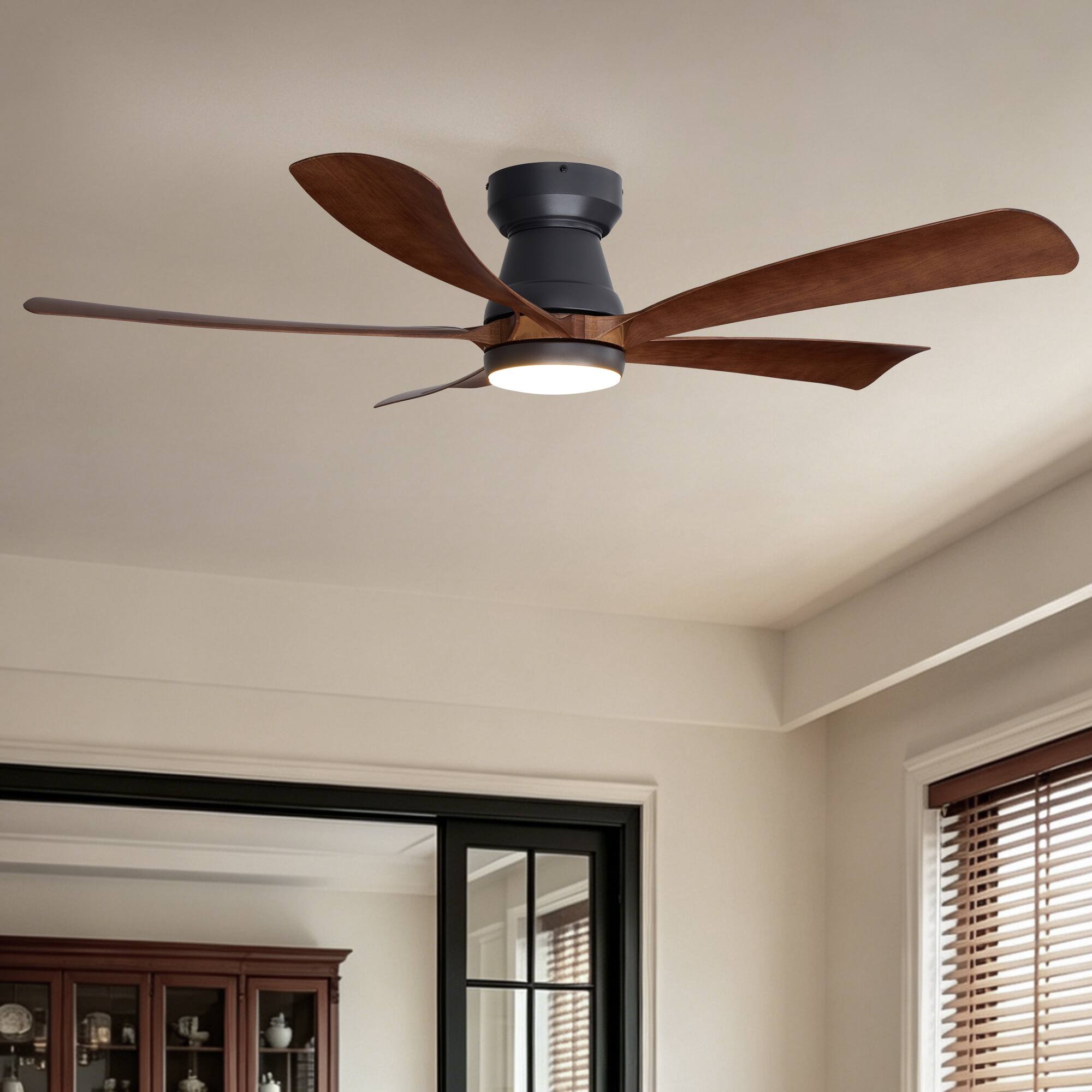Angle. Siljoy - 52 Inch Modern Low Profile Ceiling Fan with Light Matte Black Walnut Finish 5 Wood Blades Quiet DC Motor with Remote - Brown.