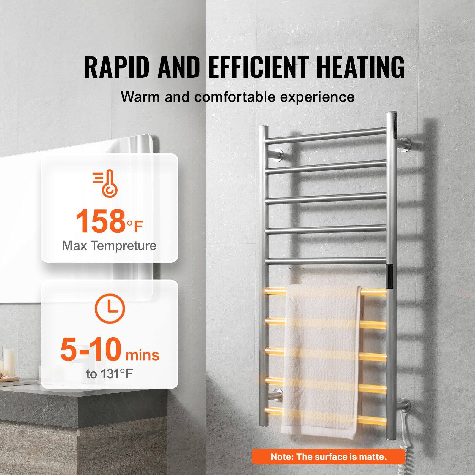 RAPID AND EFFICIENT HEATING  
Warm and comfortable experience  

158°F  
Max Temperature  

5-10 mins to 131°F  

Note: The surface is matte.