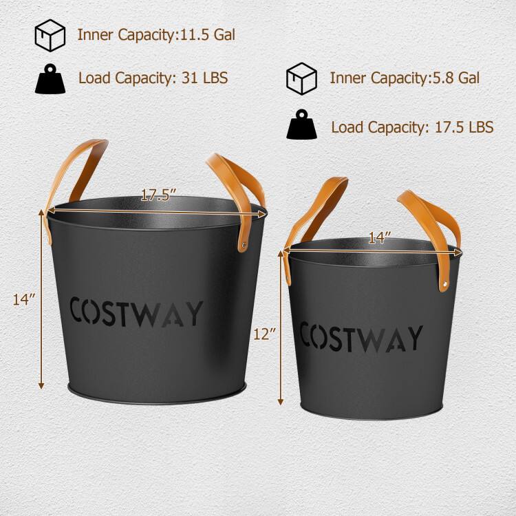 Inner Capacity: 11.5 Gal  
Load Capacity: 31 LBS  

Inner Capacity: 5.8 Gal  
Load Capacity: 17.5 LBS  

Dimensions:  
- Larger Bucket: 17.5" (height) x 14" (diameter)  
- Smaller Bucket: 14" (height) x 12" (diameter)  

Brand: COSTWAY