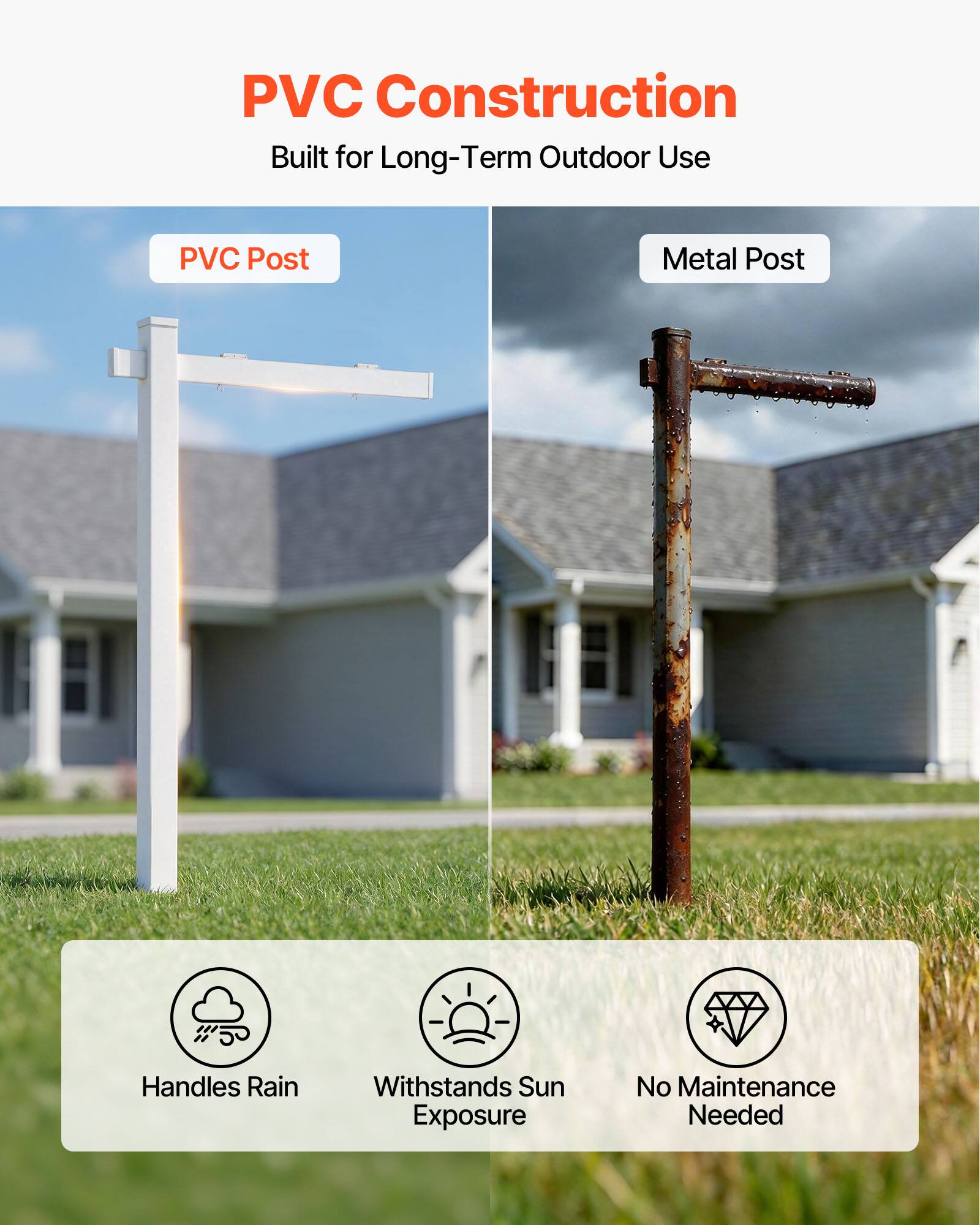 PVC Construction  
Built for Long-Term Outdoor Use  

PVC Post  
Metal Post  

Handles Rain  
Withstands Sun Exposure  
No Maintenance Needed
