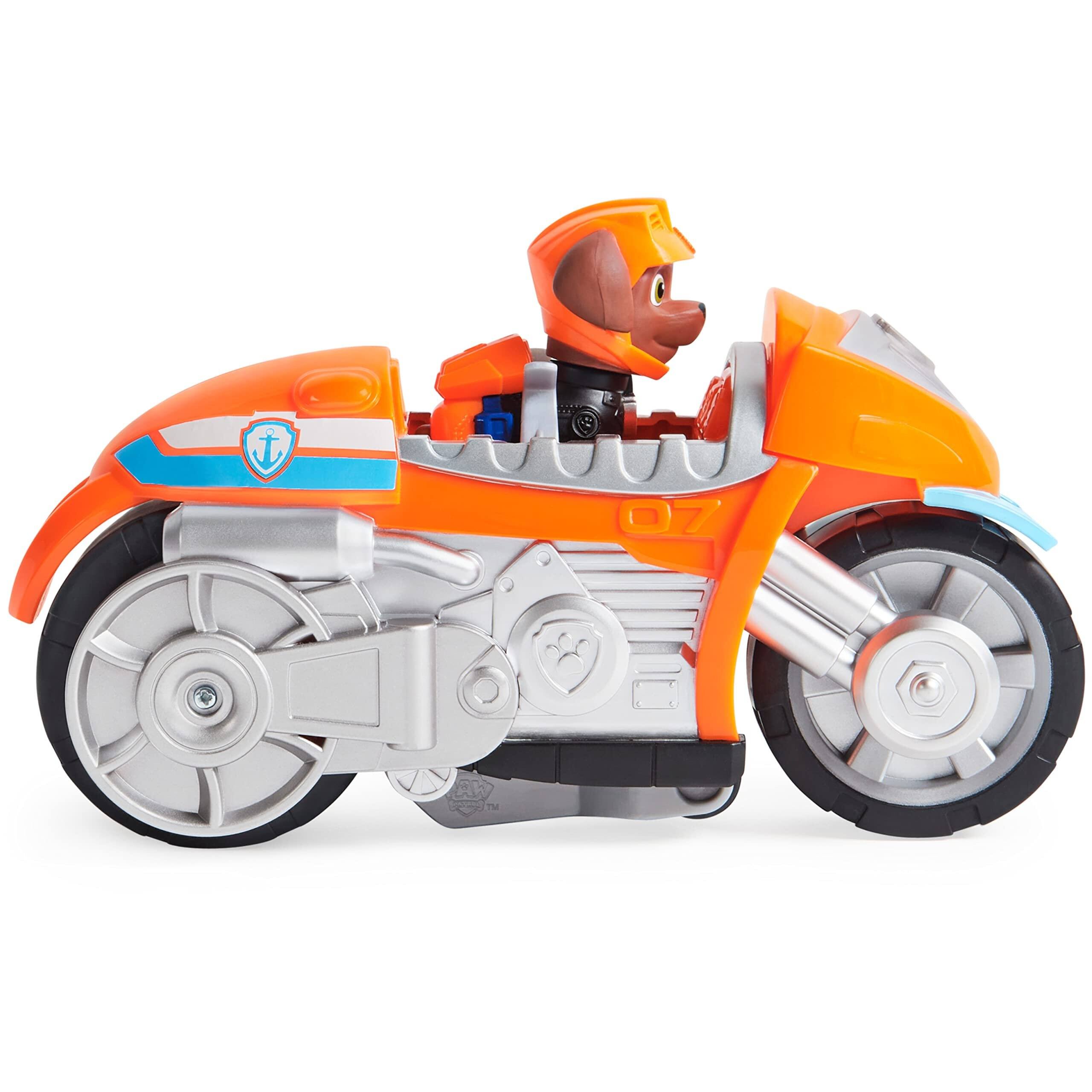 Back. Paw Patrol - Paw Patrol Zuma Deluxe Pull-Back Motorcycle Vehicle with Wheelie Feature and Toy Figure, Ages 3 and Up - Orange.