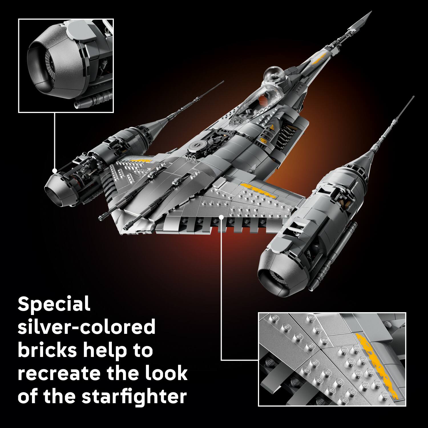 Special silver-colored bricks help to recreate the look of the starfighter