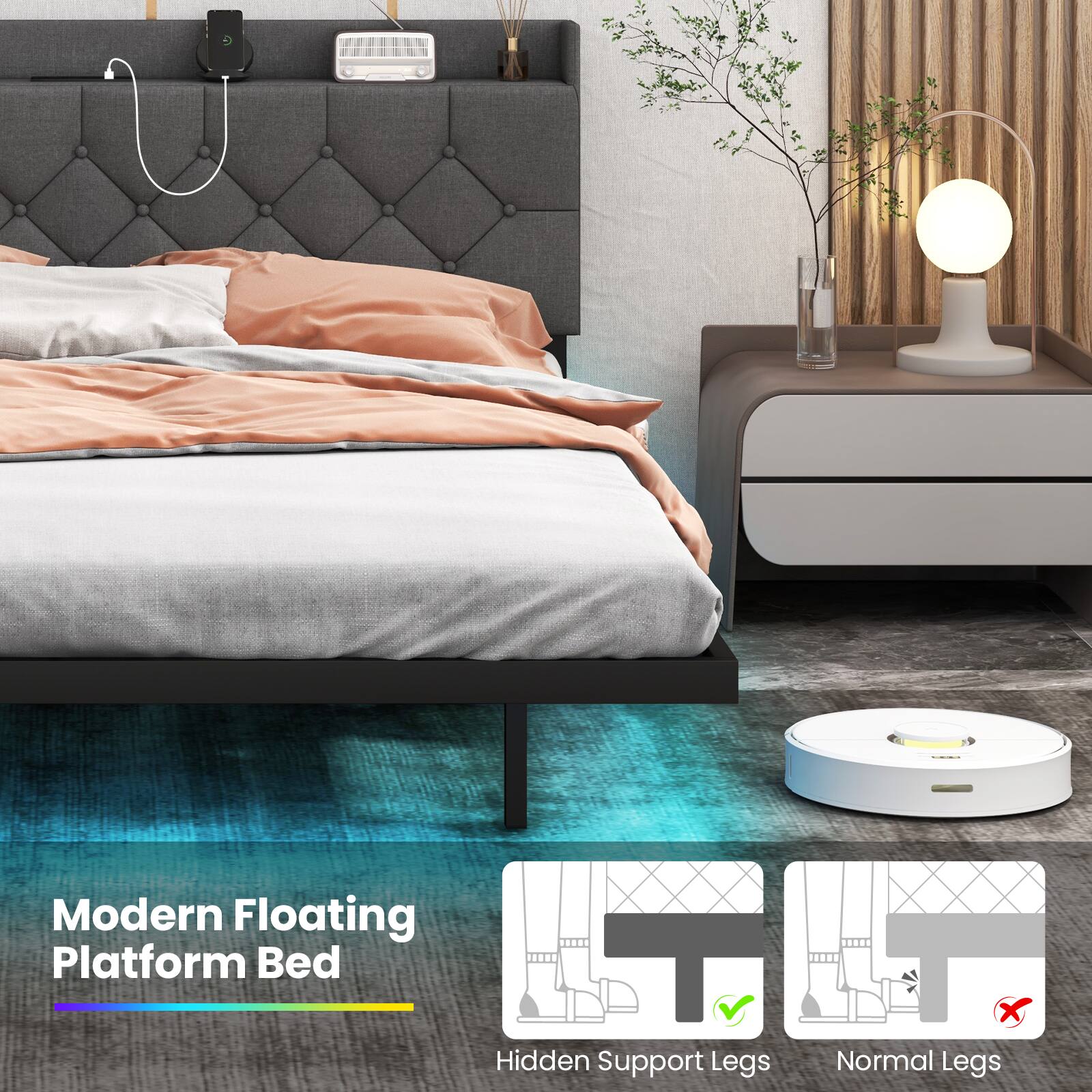 Modern Floating Platform Bed
Hidden Support Legs
Normal Legs