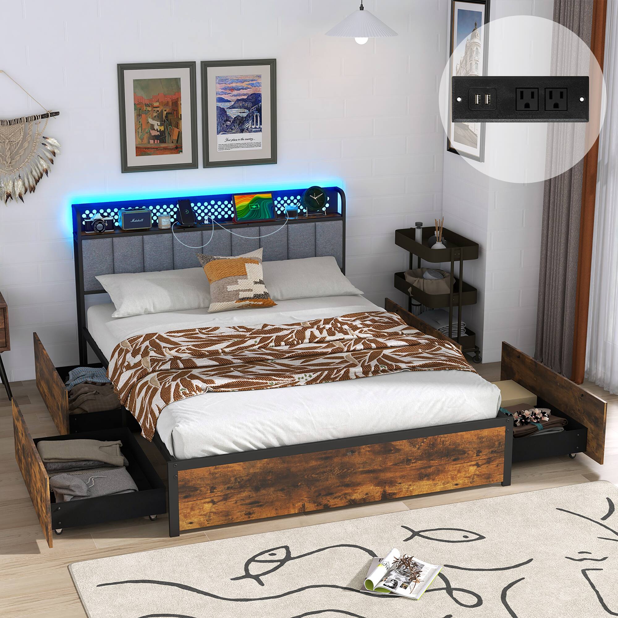 Alt View 4. Gymax - Gymax LED Bed Frame Full Size w/ Charging Station Upholstered Headboard 4 Drawers - Rustic Brown, Black.