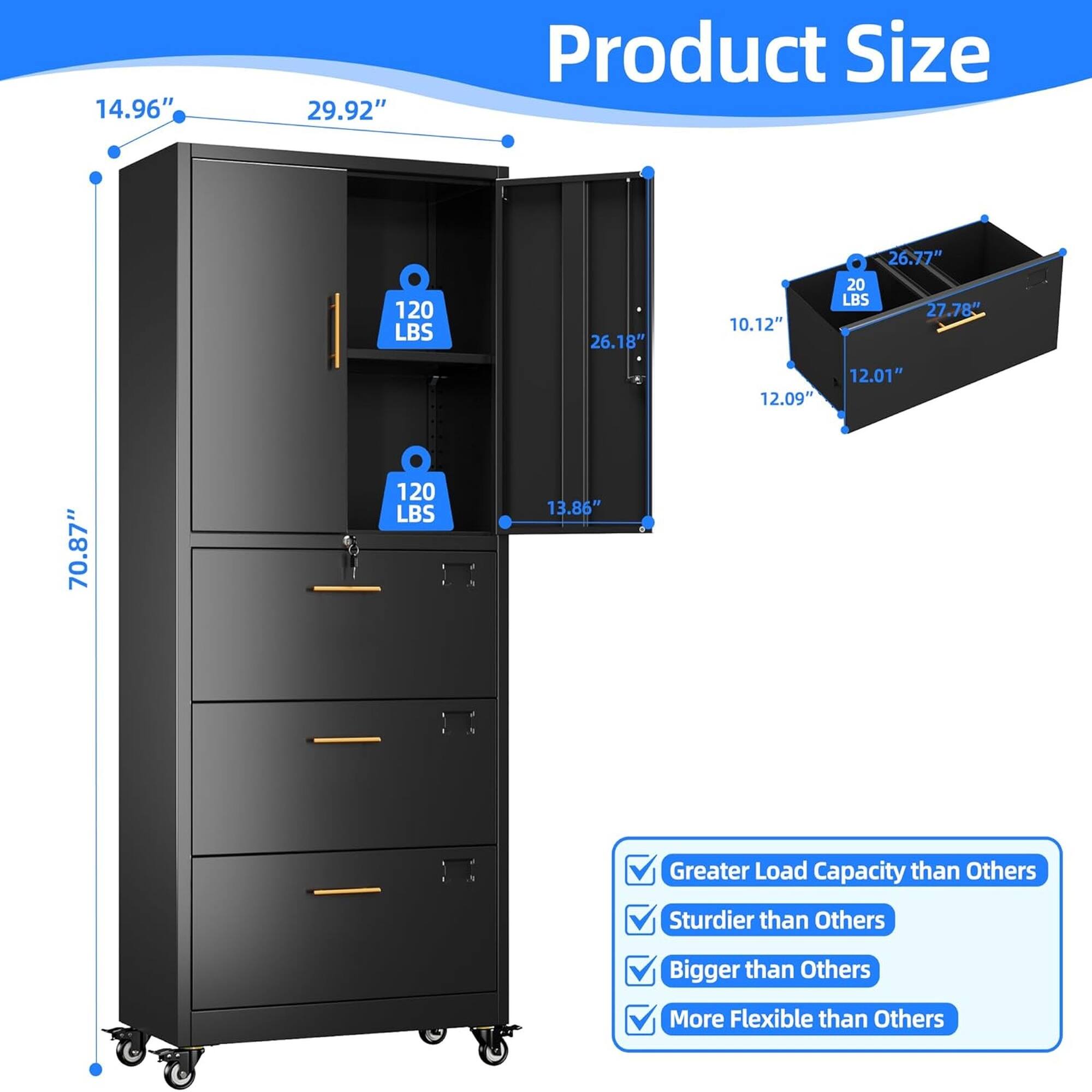 14.96" 29.92" Product Size 120 LBS 26.18" 10.12" 26.77" 20 LBS 27.78" 12.09" 12.01" 70.87" 120 LBS 13.86" Greater Load Capacity than Others Sturdier than Others Bigger than Others More Flexible than Others