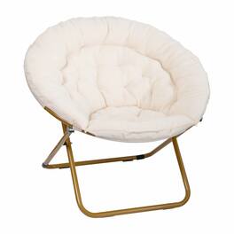 Emma + Oliver - Ersa Oversize Folding Saucer Chair with Cozy Faux Fur Cushion and Metal Frame for Dorms, Bedrooms, Apartments and More - Ivory Sherpa/Soft Gold Frame