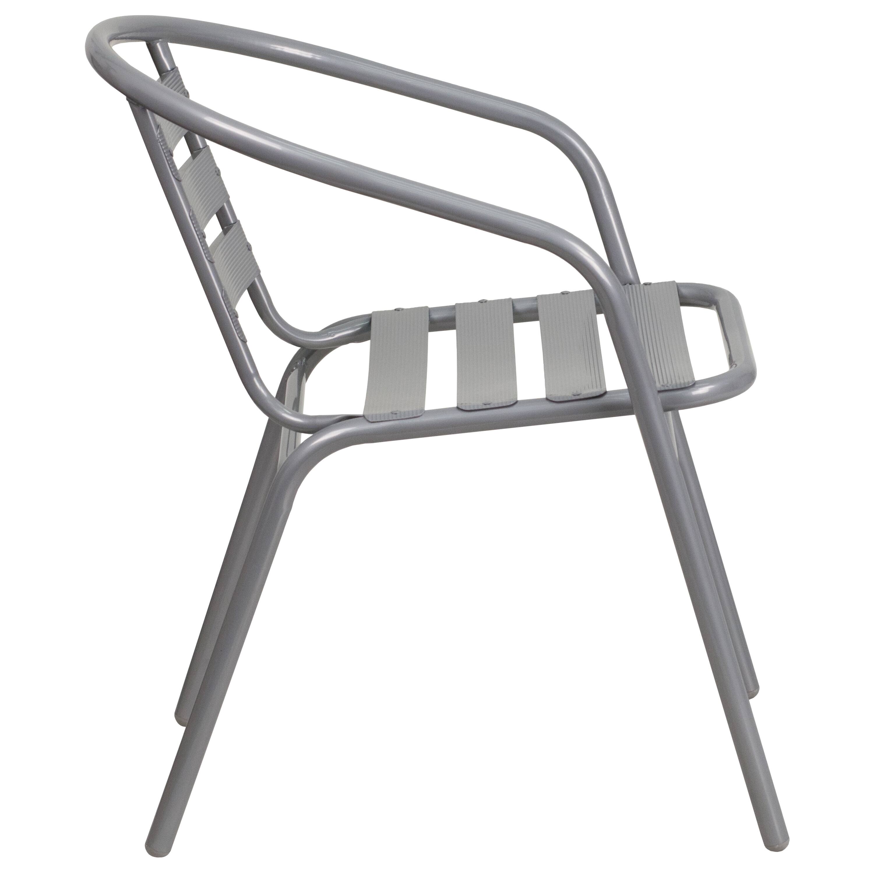 Alt View 9. Emma + Oliver - Rhea 31.5'' Round Glass Top Metal Table with 4 Aluminum Slat Stack Chairs - Silver.