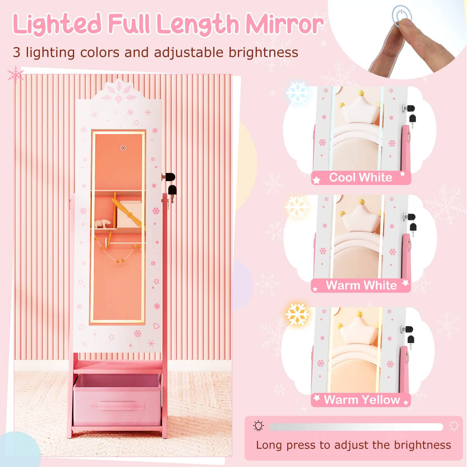 Lighted Full Length Mirror  
3 lighting colors and adjustable brightness  

Cool White  
Warm White  
Warm Yellow  

Long press to adjust the brightness