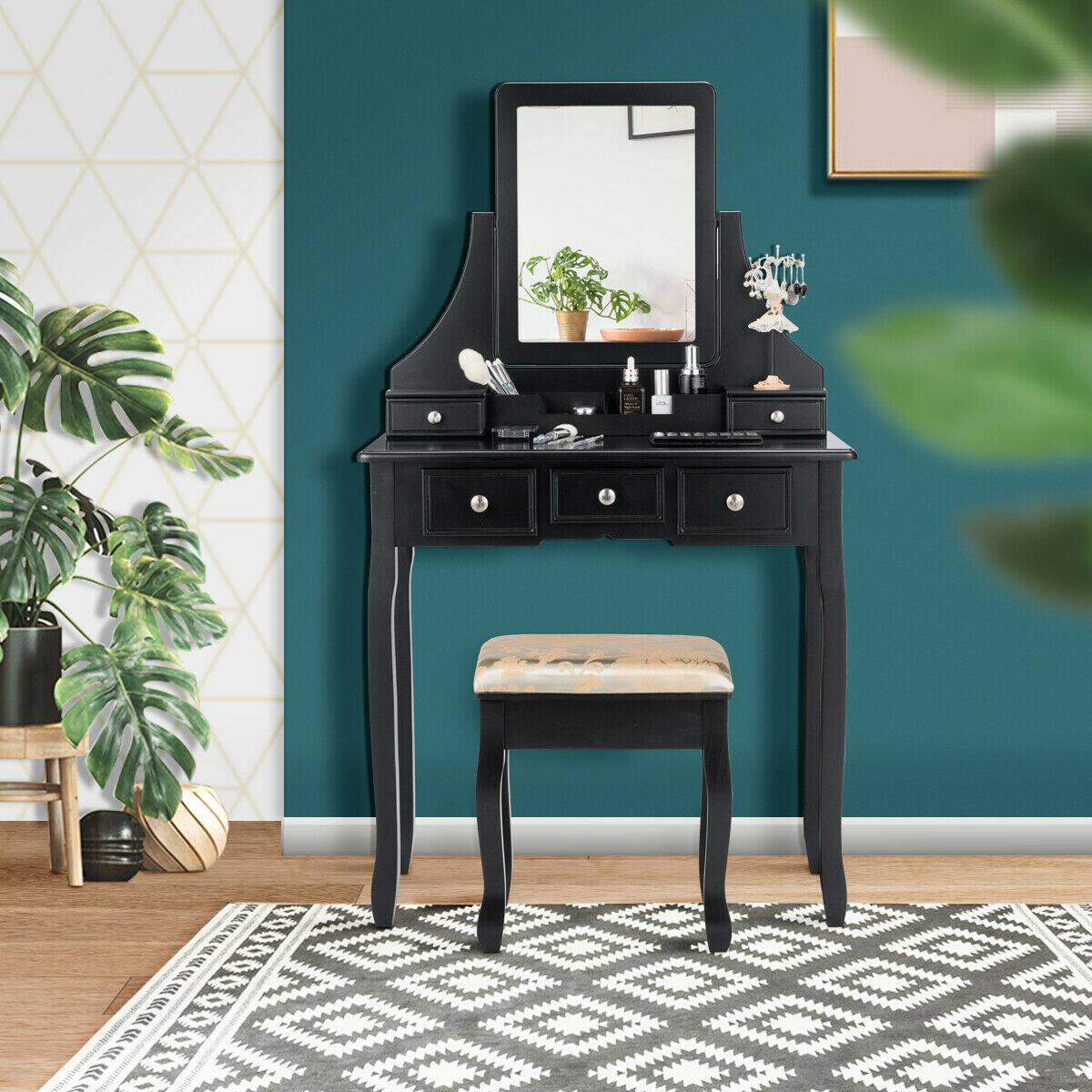 Alt View 2. Gymax - Gymax Vanity Set Makeup Dressing Table & Stool w/5 Drawers Black - Black.