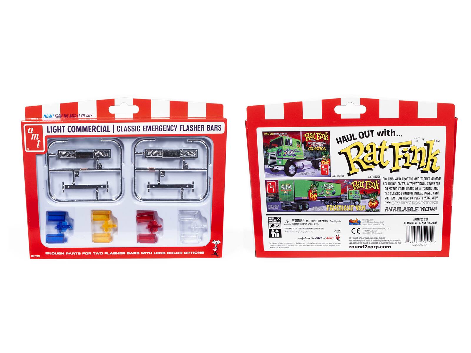 **Front of the Package:**

- NEW! FROM THE KATS AT KIT CITY...
- LIGHT COMMERCIAL | CLASSIC EMERGENCY FLASHER BARS
- ENOUGH PARTS FOR TWO FLASHER BARS WITH LENS COLOR OPTIONS
- WARNING: CHOKING HAZARD - Small parts. Not for children under 3 years.

**Back of the Package:**

- HAUL OUT with...
- Rat Fink
- Dr. AmT 1910
- INTERNATIONAL FRUIT HAUL
- FRUIT HAUL VAN
- AVAILABLE NOW!
- ENOUGH PARTS FOR TWO FLASHER BARS WITH LENS COLOR OPTIONS
- CLASSIC EMERGENCY FLASHERS
- round2corp.com
- CE
- 12/29/2021 A1
- AMMP03224
- 85 1 29202141