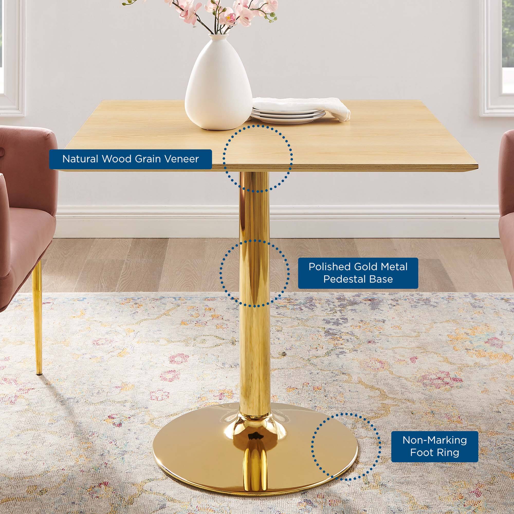 - Natural Wood Grain Veneer
- Polished Gold Metal Pedestal Base
- Non-Marking Foot Ring