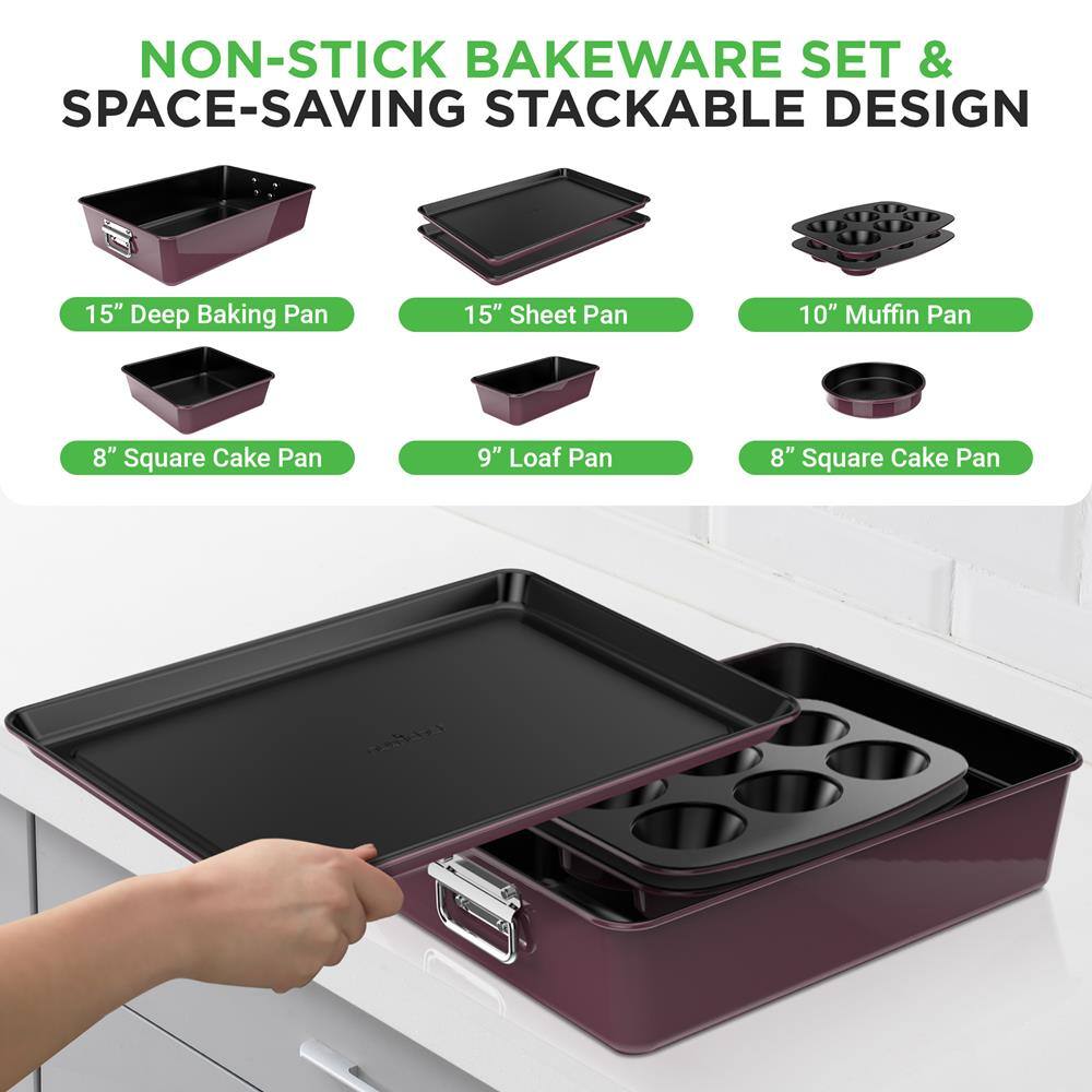 NON-STICK BAKEWARE SET & SPACE-SAVING STACKABLE DESIGN

- 15" Deep Baking Pan
- 15" Sheet Pan
- 10" Muffin Pan
- 8" Square Cake Pan
- 9" Loaf Pan
- 8" Square Cake Pan