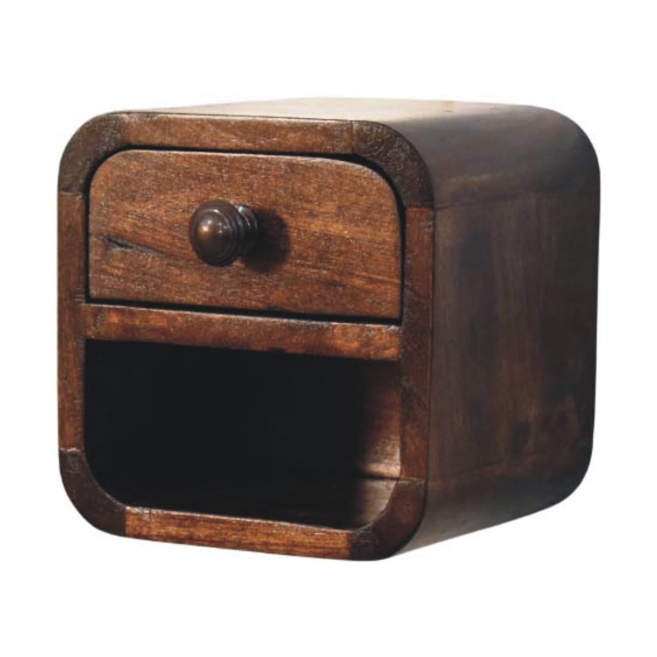 Left. Artisan Furniture - Artisan Furniture Solid Wood Curved Wall Mounted Bedside, 1 Drawer, 1 Open Slot, Dark Brown - Dark brown.