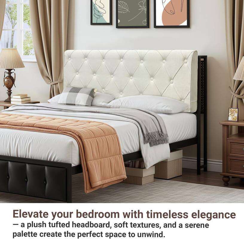 Elevate your bedroom with timeless elegance  
— a plush tufted headboard, soft textures, and a serene palette create the perfect space to unwind.