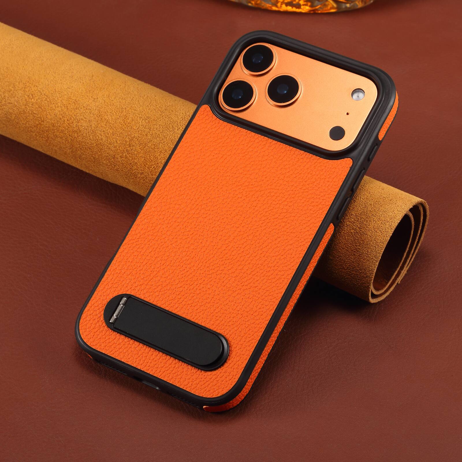 Alt View 4. Dteck - for Apple iPhone 17 Pro Magnetic Case with Built-in Hidden Kickstand,Lychee Texture Shockproof Protective Cover - Orange.