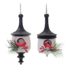 BreeBe - Wood Finial Birdhouse with Cardinal Ornament (Set of 6) - White, Red, Black