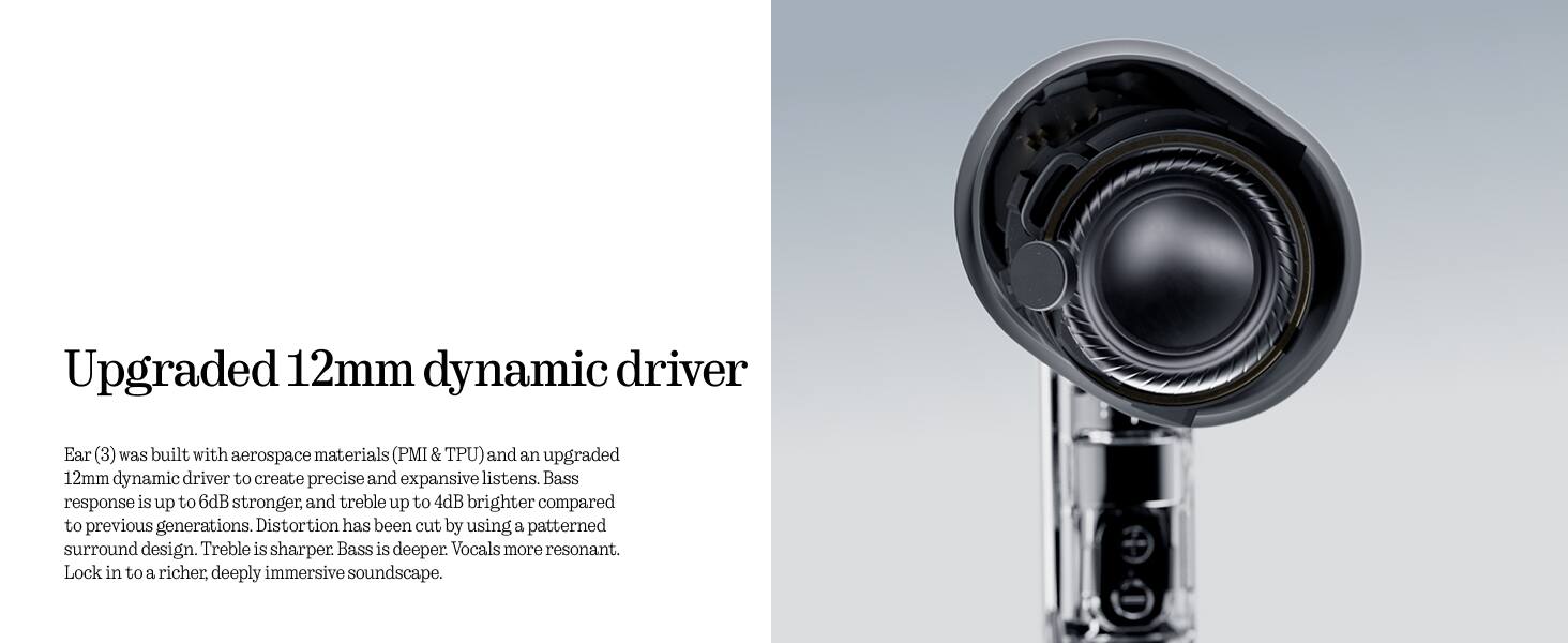 Upgraded 12mm dynamic driver

Ear (3) was built with aerospace materials (PMI & TPU) and an upgraded 12mm dynamic driver to create precise and expansive listens. Bass response is up to 6dB stronger, and treble up to 4dB brighter compared to previous generations. Distortion has been cut by using a patterned surround design. Treble is sharper, Bass is deeper, Vocals more resonant. Lock in to a richer, deeply immersive soundscape.