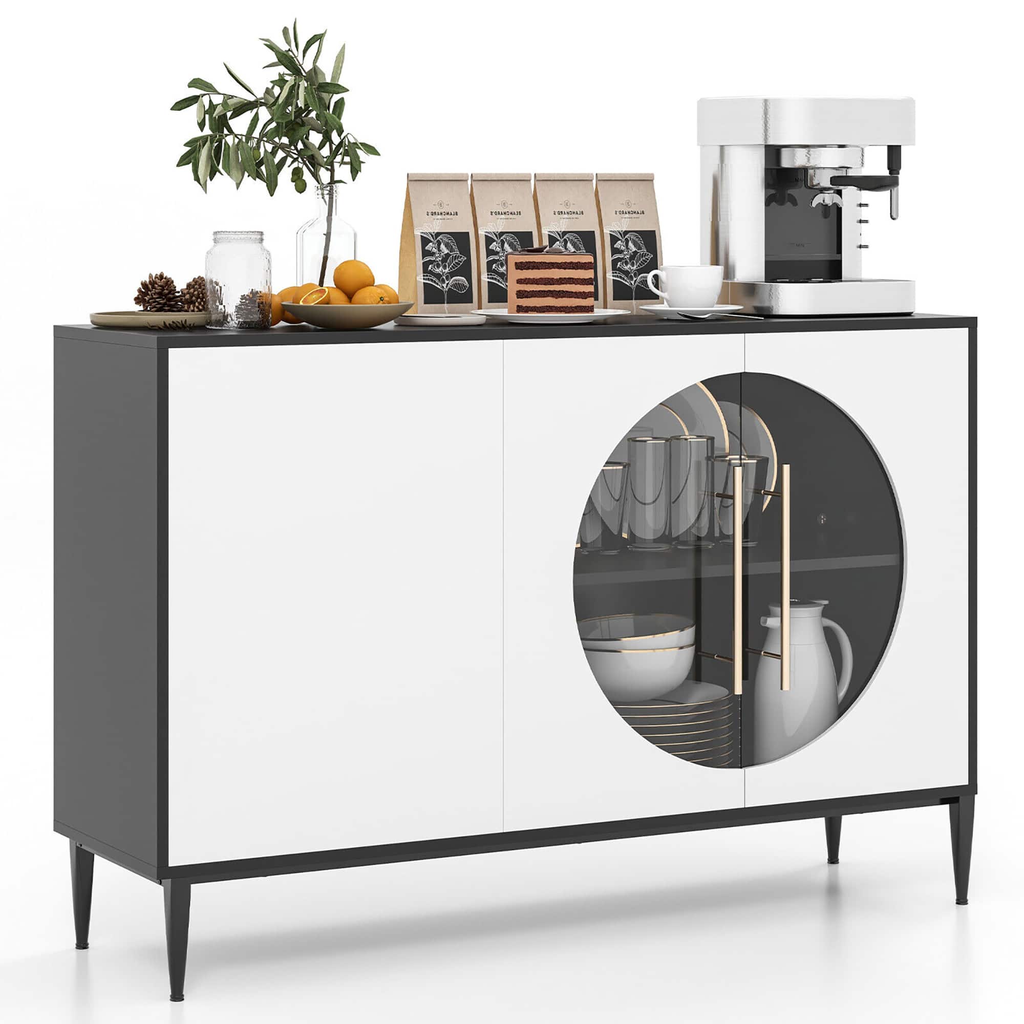 Gymax - Sideboard Cabinet w/ Tempered Glass Door Elevated Metal Legs Free-standing - White, Black