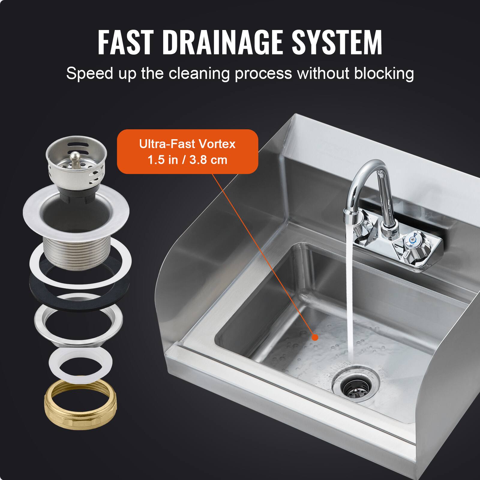 FAST DRAINAGE SYSTEM  
Speed up the cleaning process without blocking  

Ultra-Fast Vortex  
1.5 in / 3.8 cm