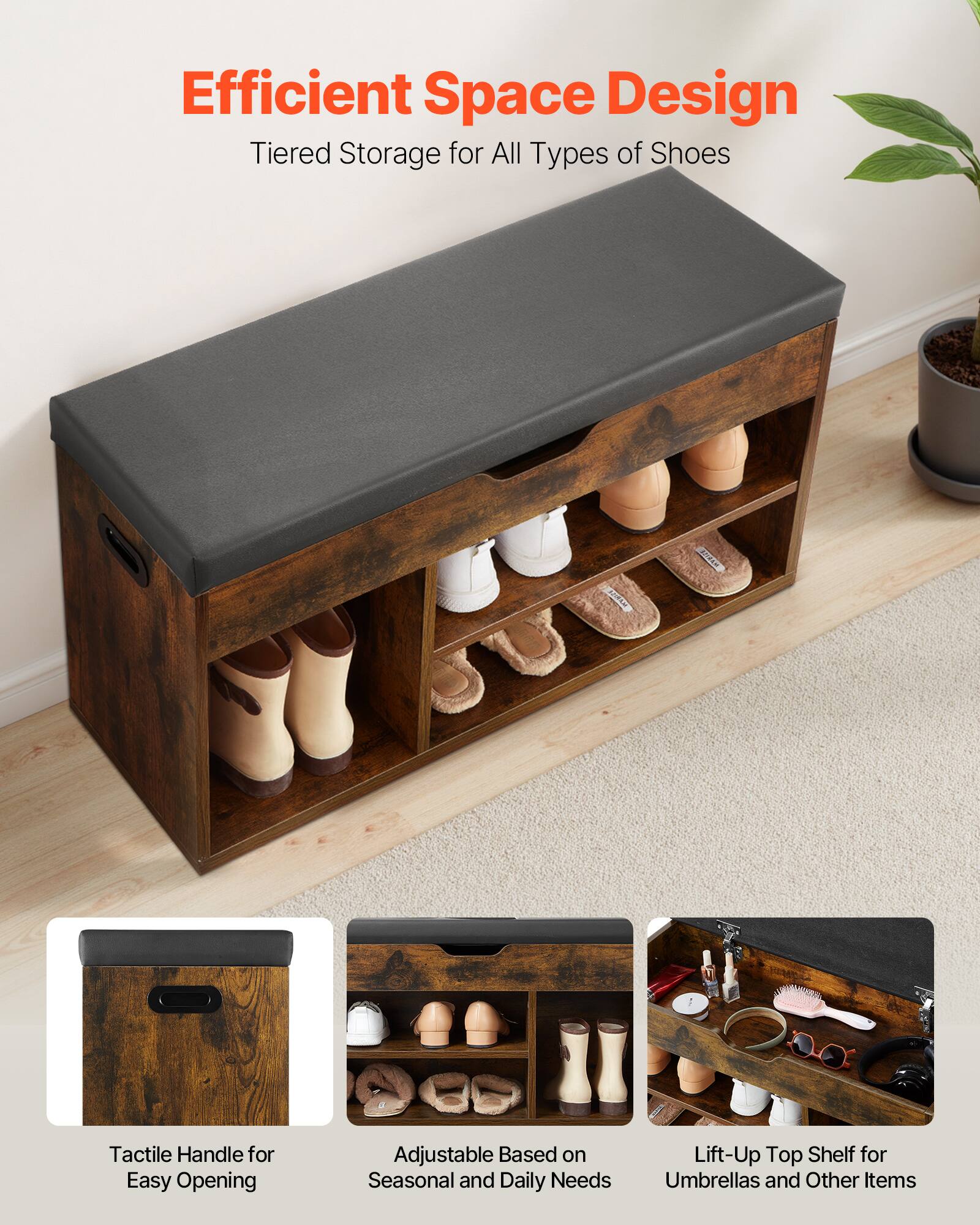Efficient Space Design  
Tiered Storage for All Types of Shoes  

- Tactile Handle for Easy Opening  
- Adjustable Based on Seasonal and Daily Needs  
- Lift-Up Top Shelf for Umbrellas and Other Items