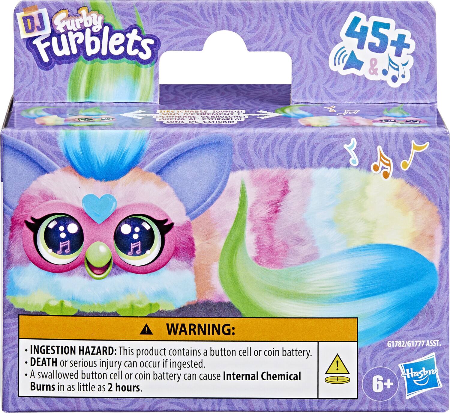 DJ Furby Furblets 45+ & VTRE CHABLE SOUNDNI FONI PLIR IVANT vdde ARC CERAUACHE ISUENA .. EATRARi ... . ... AtnT HT   ! ! WARNING: INGESTION HAZARD: This product contains a button cell or coin battery. DEATH or serious injury can occur if ingested. A swallowed button cell or coin battery can cause Internal Chemical Burns in as little as 2 hours. ! G1782/G1777 ASST. Hasbro 6+
