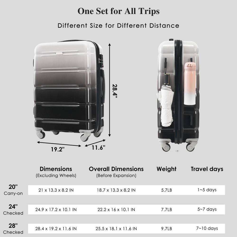 One Set for All Trips  
Different Size for Different Distance  

Dimensions (Excluding Wheels)  
20" Carry-on: 21 x 13.3 x 8.2 IN  
24" Checked: 24.9 x 17.2 x 10.1 IN  
28" Checked: 28.4 x 19.2 x 11.6 IN  

Overall Dimensions (Before Expansion)  
20" Carry-on: 18.7 x 13.3 x 8.2 IN  
24" Checked: 22.2 x 16 x 10.1 IN  
28" Checked: 25.5 x 18.1 x 11.6 IN  

Weight  
20" Carry-on: 5.7LB  
24" Checked: 7.7LB  
28" Checked: 9.7LB  

Travel days  
20" Carry-on: 1~5 days  
24" Checked: 5~7 days  
28" Checked: 7~10 days