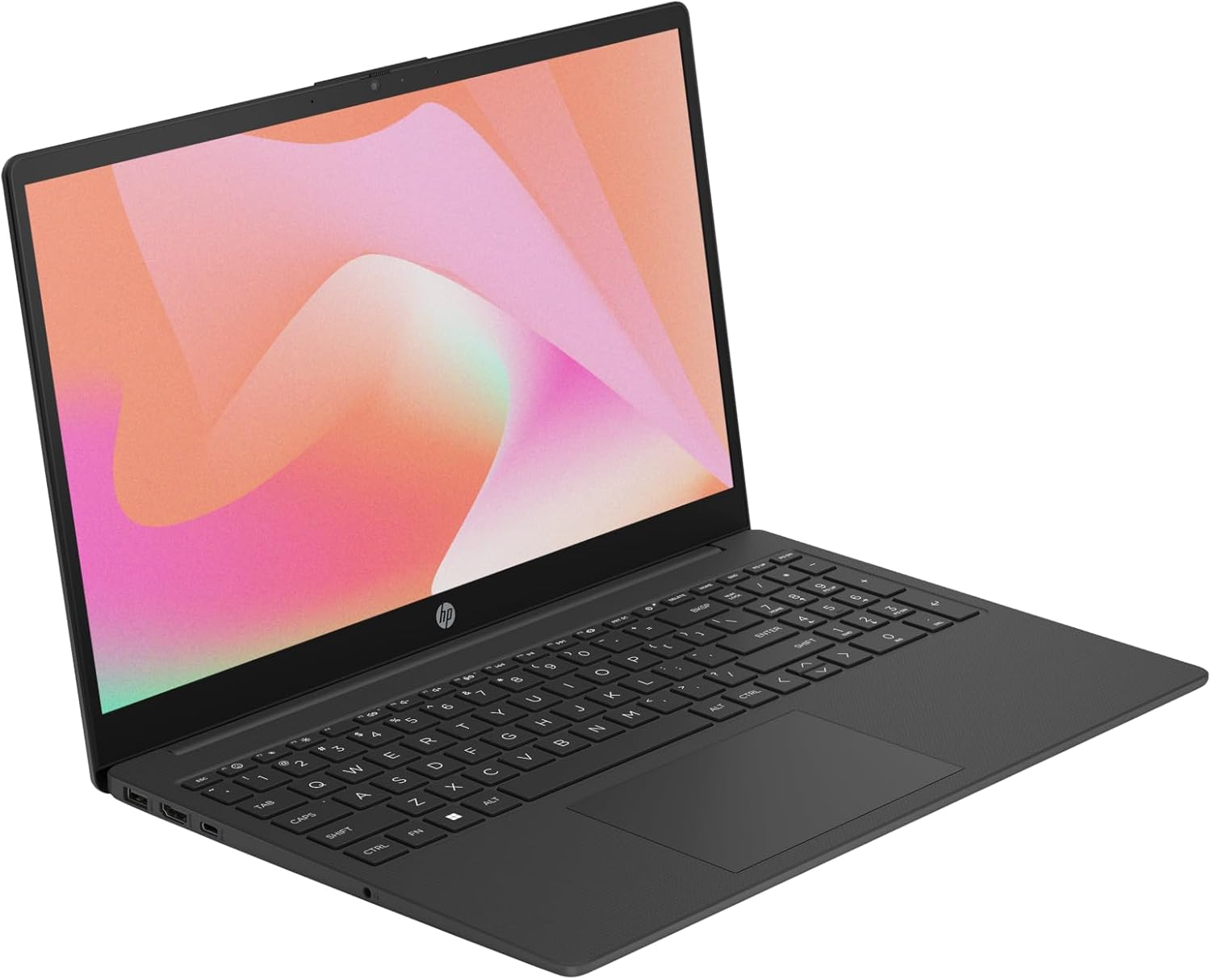 I am a student of HP. I have a laptop with a colorful screen. The keyboard is black with white letters. The touchpad is below the keyboard.