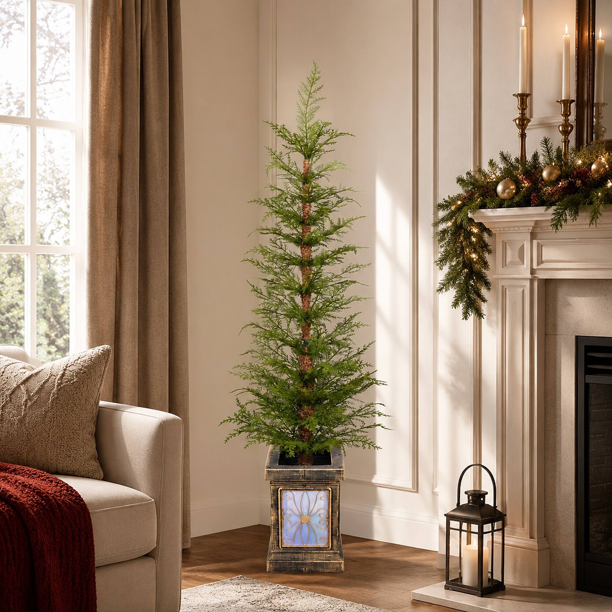 Left. RYHNUYNE - 4FT Pre-Lit Artificial Christmas Tree 2-Piece, Premium PE Material Easy Assembly Potted Stand Holiday Decor - Green.