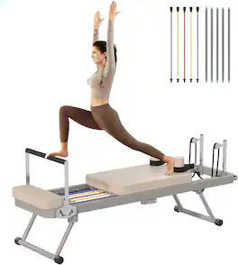 KERDOM - Foldable Pilates Reformer Machine for Home Gym, Pilates Workout Equipment for Beginner, Women Home Fitness Core Strength - Beige - 77" Wide