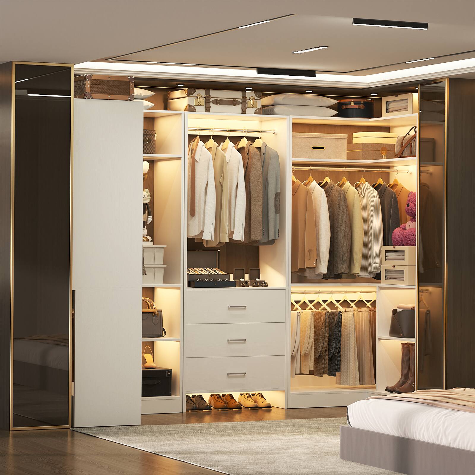 Left. Aheaplus - 88.8'' With U-Shaped Closet System, Walk-in Wardrobe System with 3 Drawers and 5 Hanging Rods, Set of 3 - White.