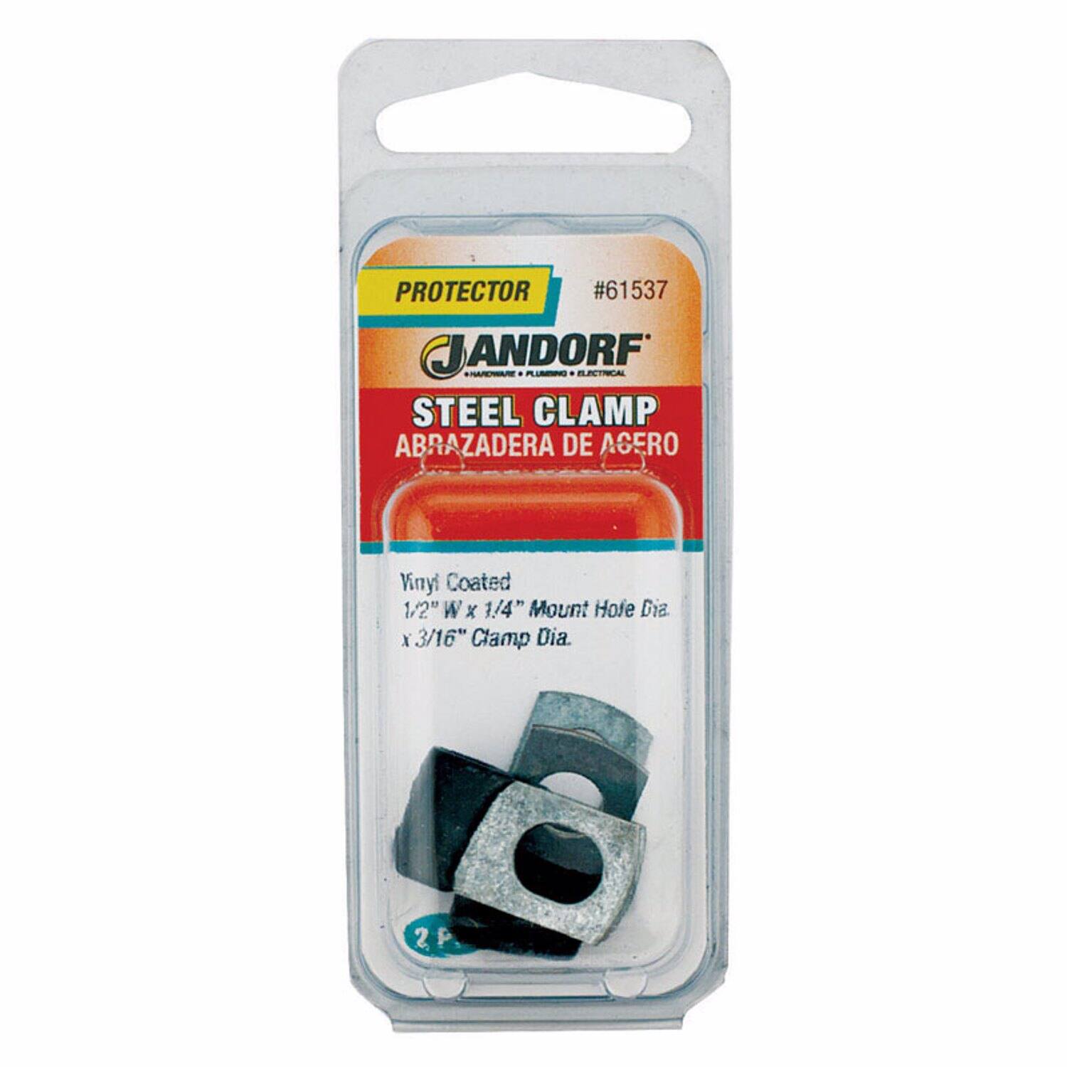 PROTECTOR #61537  
JANDORF  
STEEL CLAMP  
ABRAZADERA DE ACERO  
Vinyl Coated  
1/2" W x 1/4" Mount Hole Dia. x 3/16" Clamp Dia.  
2 P