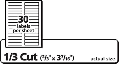 30 labels per sheet  
1/3 Cut (2/3" x 37/16") actual size