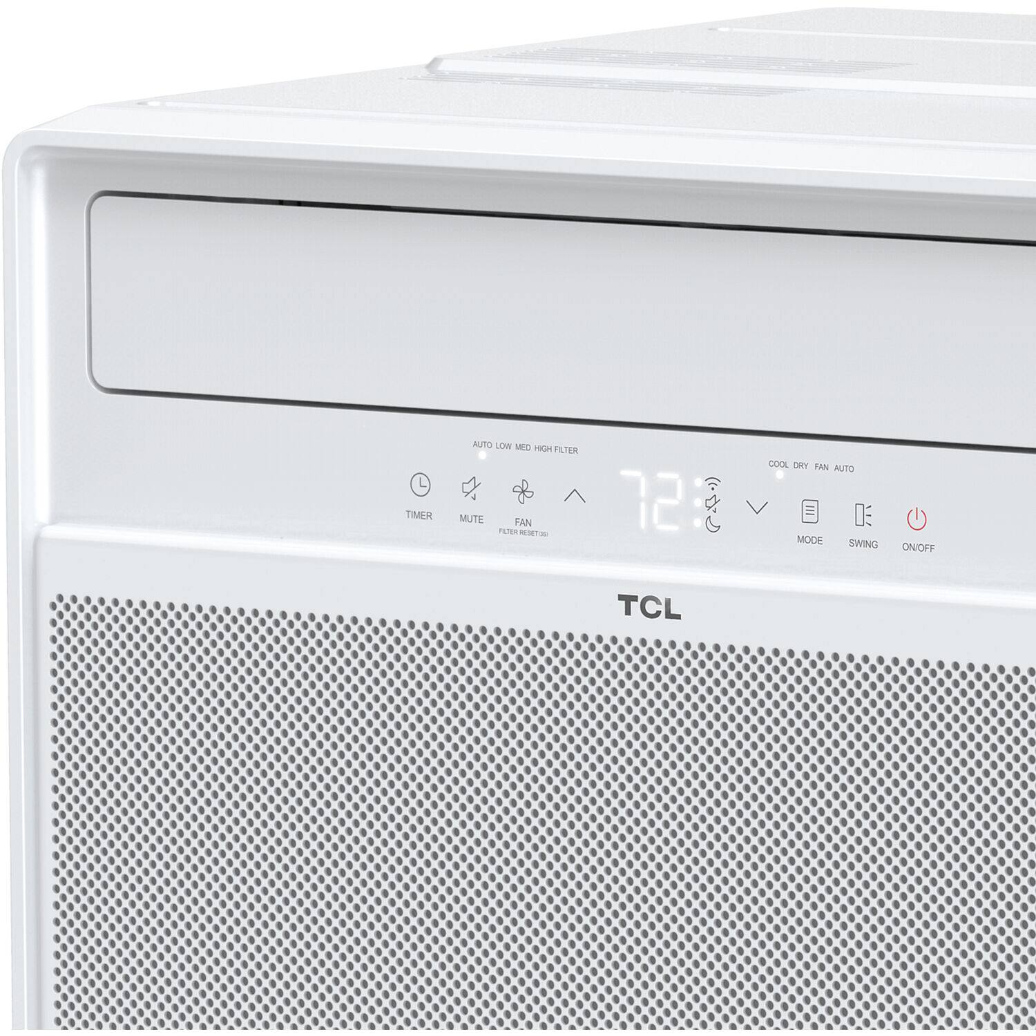 The text on the image reads: "TIMER AUTO LOW MED HIGH FILTER MUTE FAN LT0 PESETON 72 COOL ORY FAN AUTO MODE SWING ON/OFF TCL."