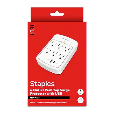 Staples
6 Outlet Wall Tap Surge Protector with USB
1800 Joules
Protect and extend the life of your electronics.
