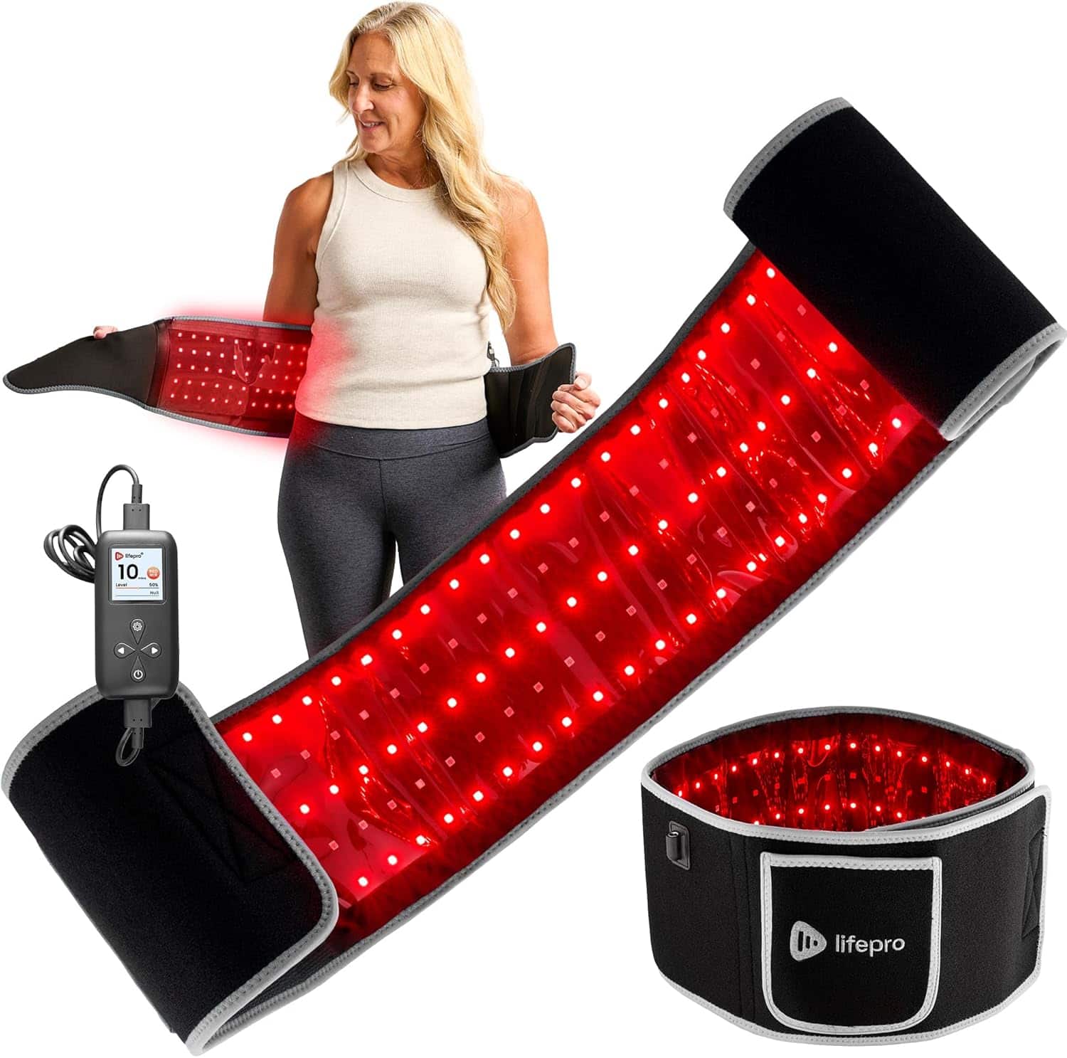 LifePro - Red Light Therapy Belt Color True Black 660nm 850nm Infrared Heating Pad for Body Pain Relief