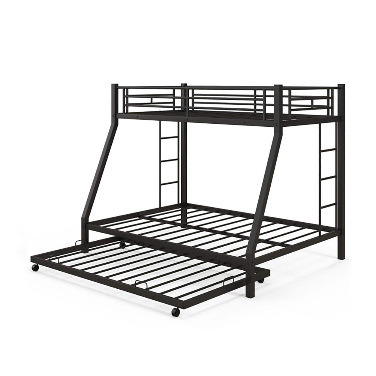 Pefilos- Twin Pull-Out Bunk Beds with Ladder in the Steps and a Trundle for Guest Room, Full Convertible Bunk Bed Platform- Black