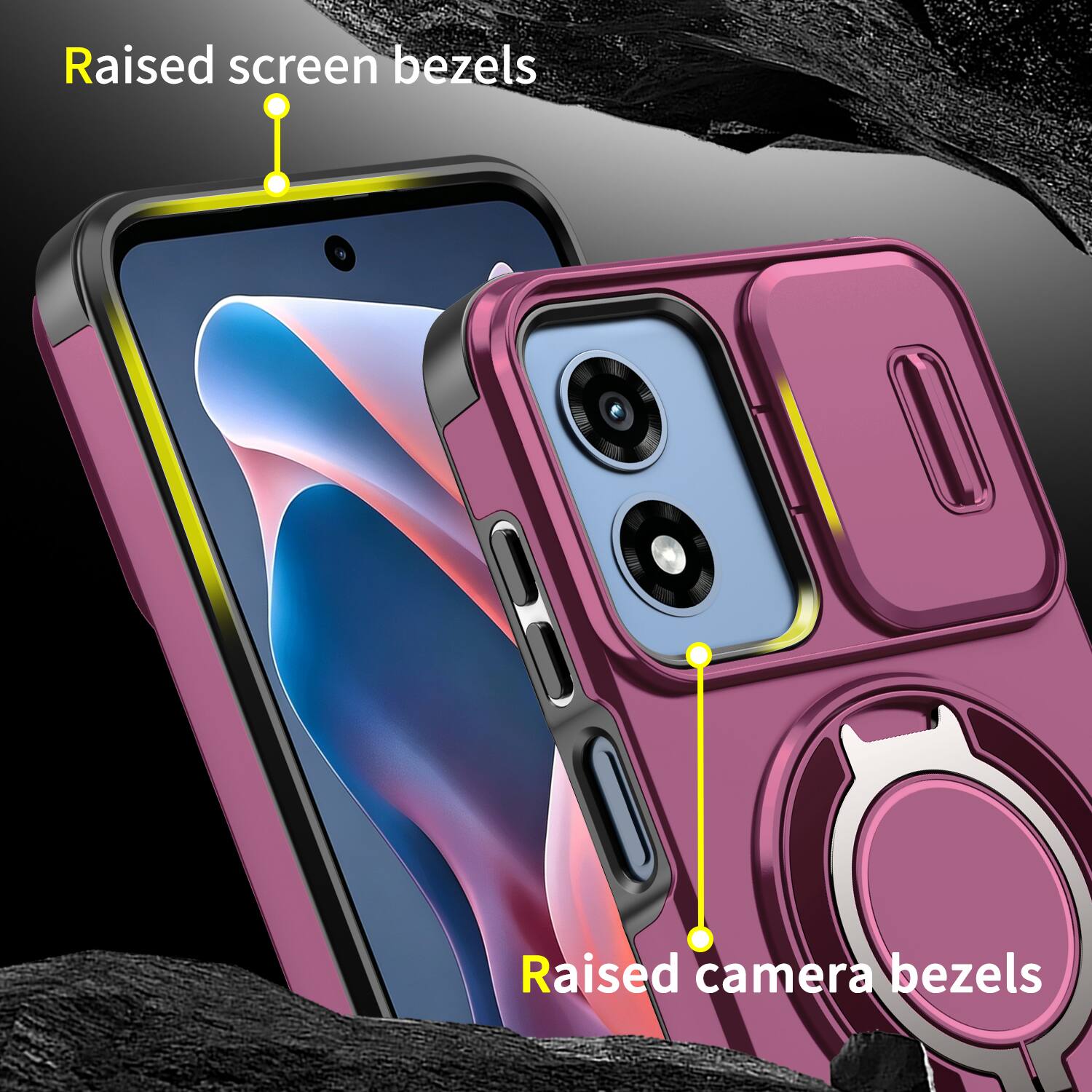 Raised screen bezels  
Raised camera bezels