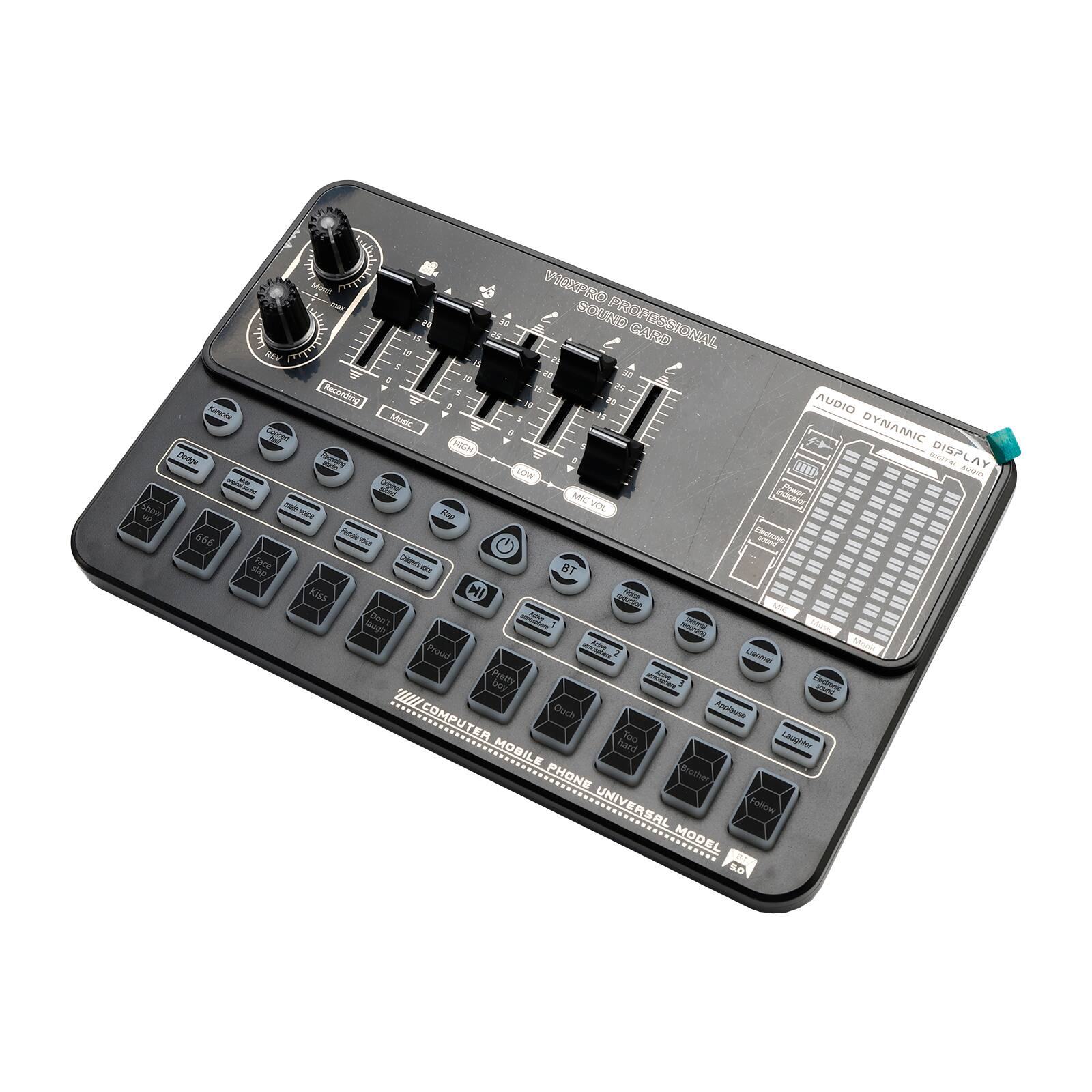 Sure, here is the corrected and grouped text from the image:

---

**Top Section:**
- VENPRO PROFESSIONAL SOUND CARD

**Middle Section:**
- AUDIO DYNAMIC DISPLAY
- BT
- MIC VOL
- REC LEVEL
- MIC LEVEL
- LINE IN
- LINE OUT
- PHONE UNIVERSAL MODEL S.0

**Bottom Section:**
- COMPUTER MOBILE

**Buttons and Labels:**
- MIC LEVEL
- REC LEVEL
- LINE IN
- LINE OUT
- PHONE
- BT
- USB
- SD
- TF
- USB
- SD
- TF
- USB
- SD
- TF
- USB
- SD
- TF
- USB
- SD
- TF
- USB
- SD
- TF
- USB
- SD
- TF
- USB
- SD
- TF
- USB
- SD
- TF
- USB
- SD
- TF
- USB
- SD
- TF
- USB
- SD
- TF
- USB
- SD
- TF
- USB
- SD
- TF
- USB
- SD
- TF
- USB
- SD
- TF
-