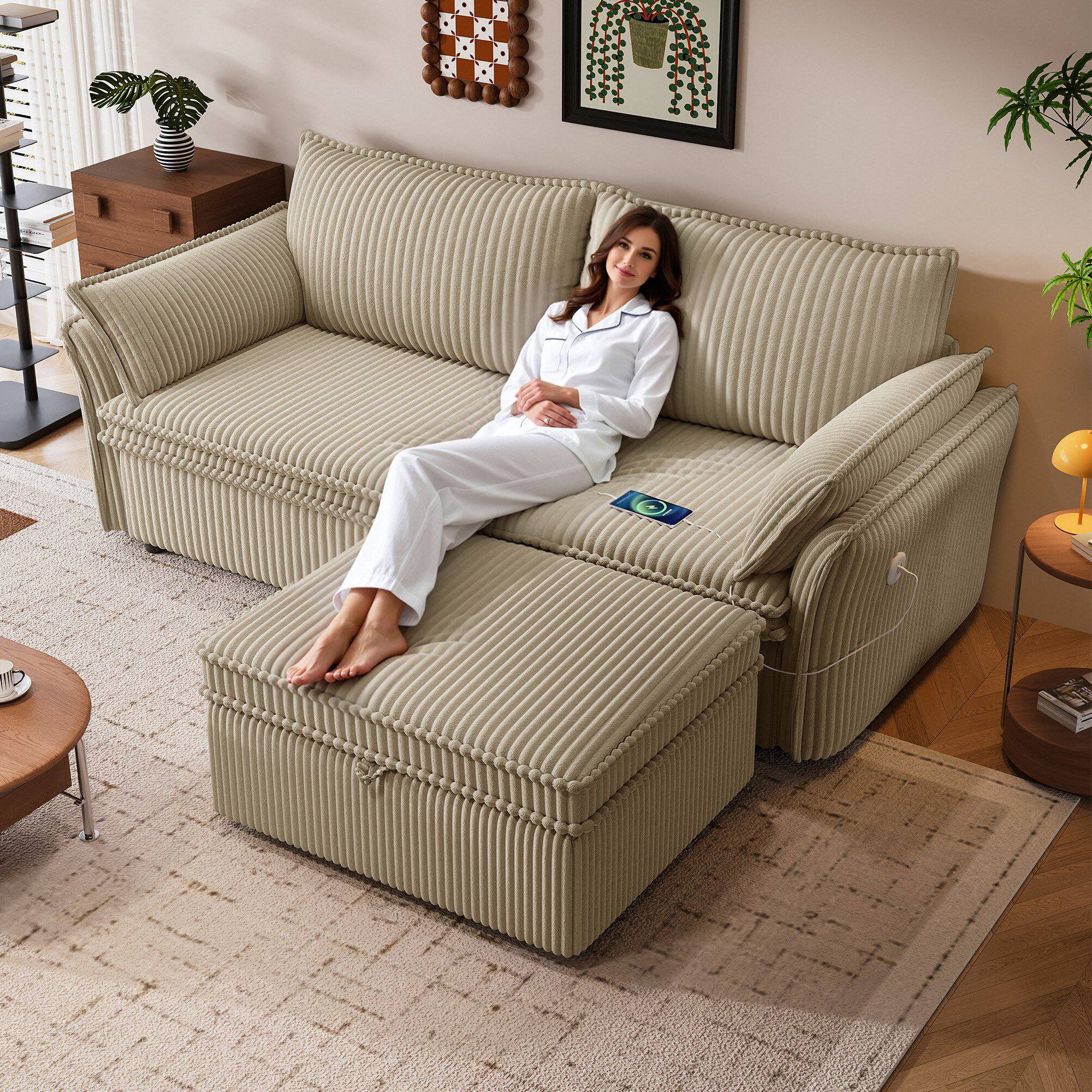 Angle. LUCKY ONE - 85" 2-in-1 Convertible Sleeper Sofa Bed with Storage Ottoman, Hidden Storage, USB Charging Ports, 2 Pillows - Camel.