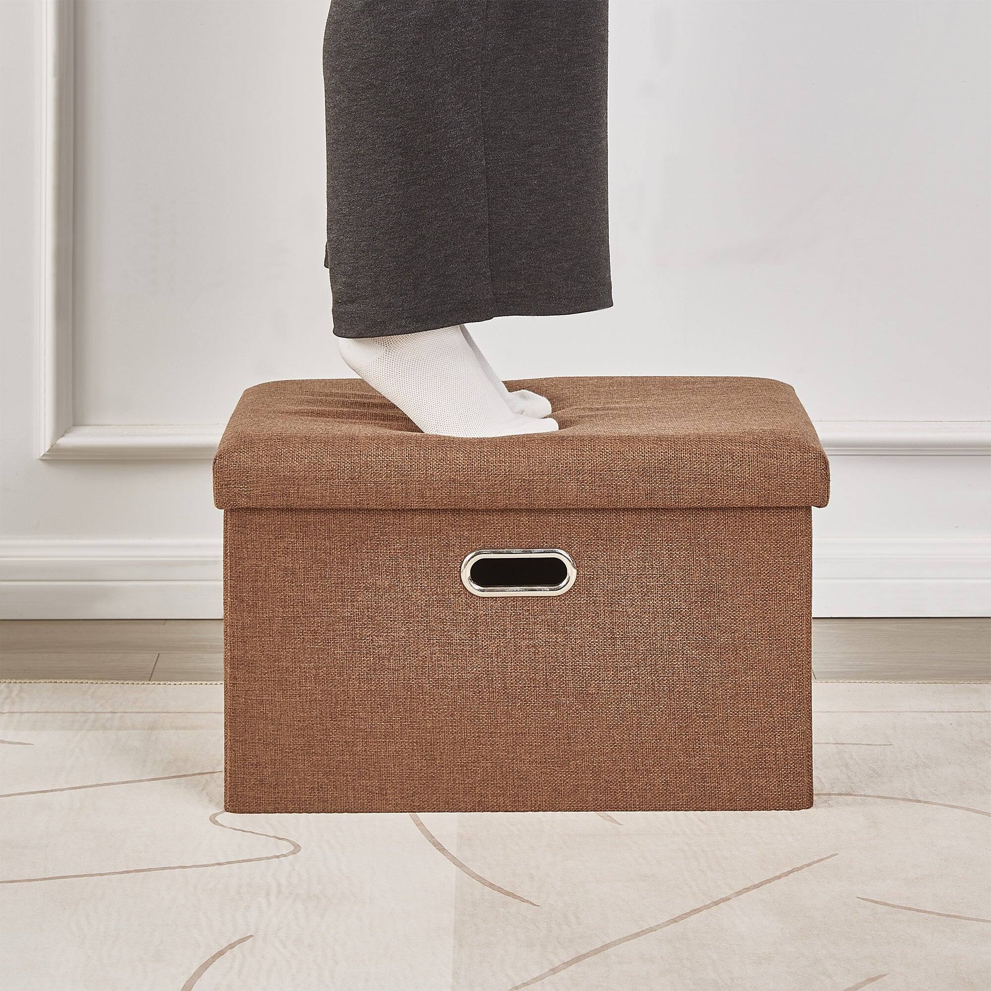 Alt View 2. Vecelo - 19" Storage Ottoman Bench with Lid, Folding Ottoman Bench, Linen Storage Bench for Bedroom Living Room - Brown.