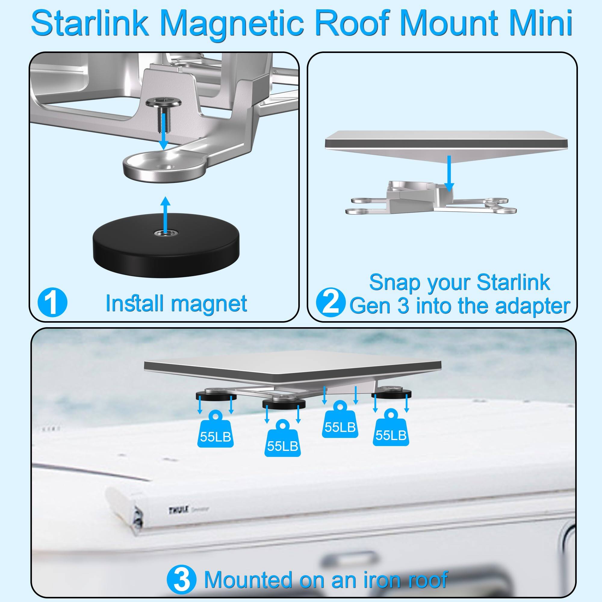 Starlink Magnetic Roof Mount Mini

1. Install magnet

2. Snap your Starlink Gen 3 into the adapter

3. Mounted on an iron roof