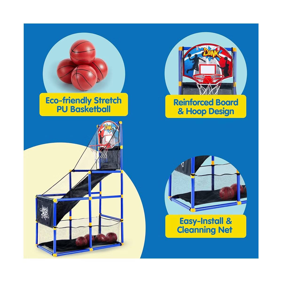 DONK Eco-friendly Stretch PU Basketball  
Reinforced Board & Hoop Design  
Easy-Install & Cleaning Net