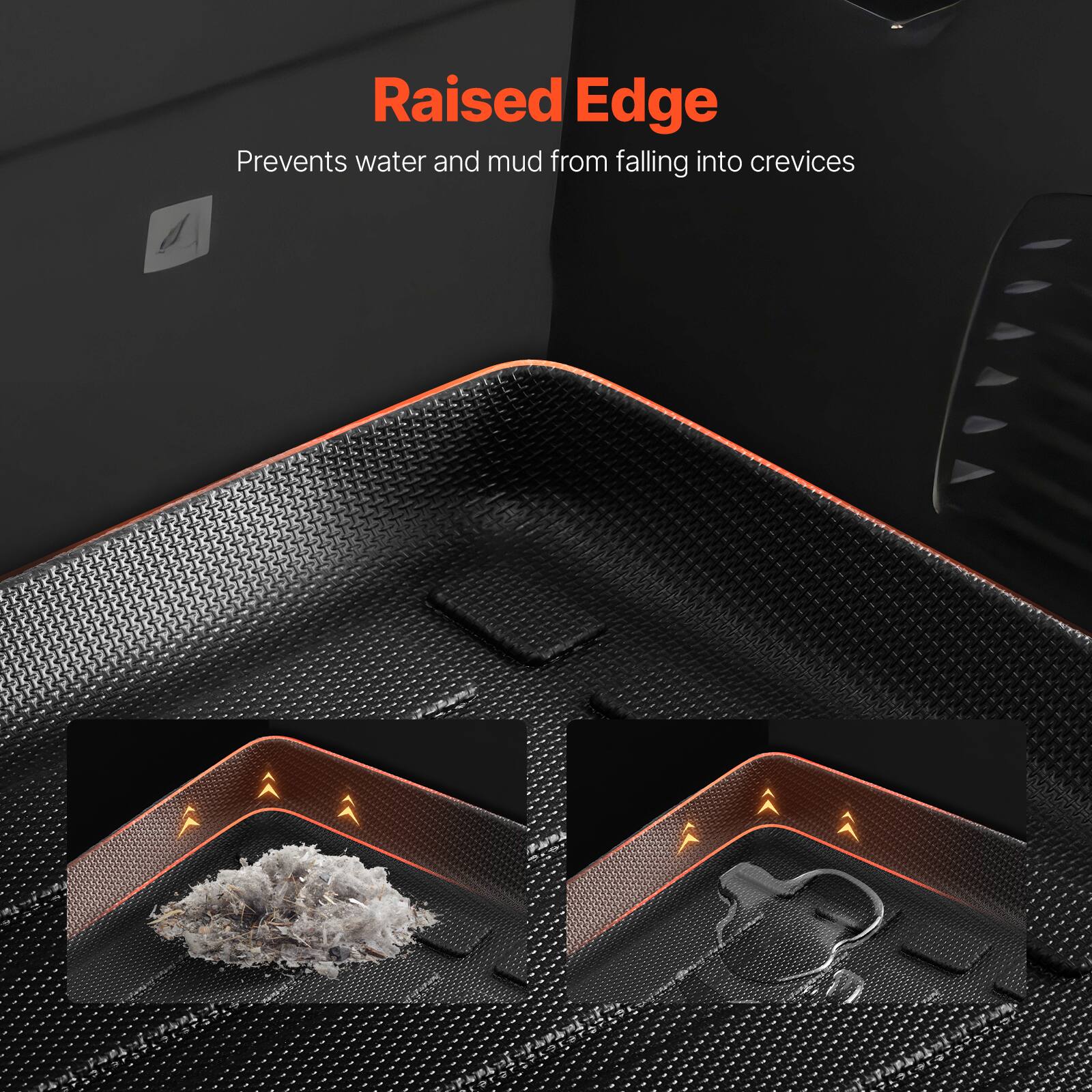 Raised Edge  
Prevents water and mud from falling into crevices