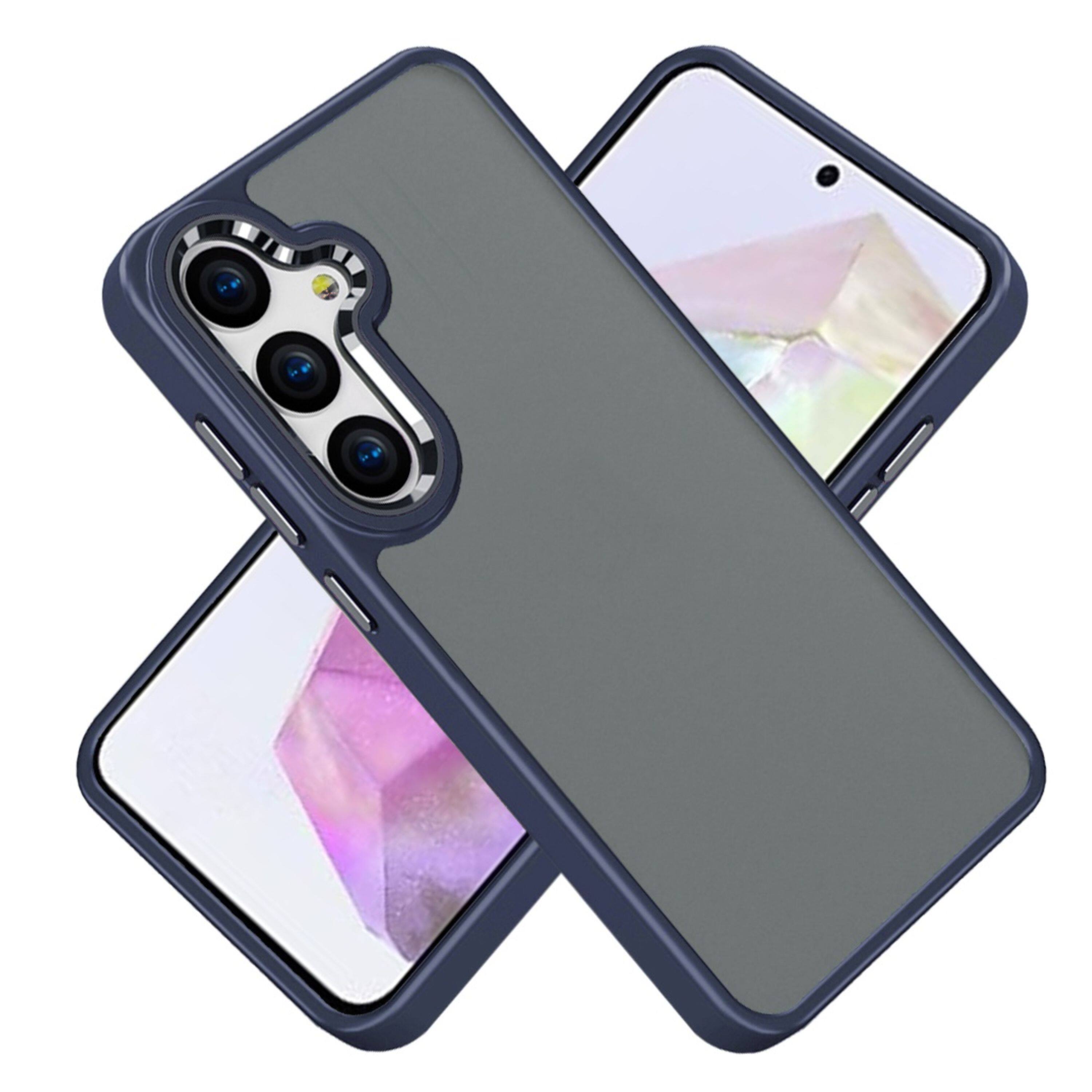 Angle. Kitcheniva - Soft Acrylic Hybrid Metal Buttons Phone Case With Tempered Glass For Samsung Galaxy A36/A56 Dark Blue - Dark Blue.