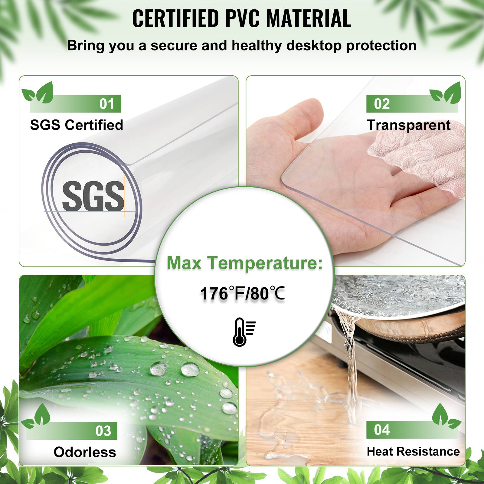 CERTIFIED PVC MATERIAL  
Bring you a secure and healthy desktop protection  

01 SGS Certified  
02 Transparent  
03 Odorless  
04 Heat Resistance  

Max Temperature: 176°F/80°C