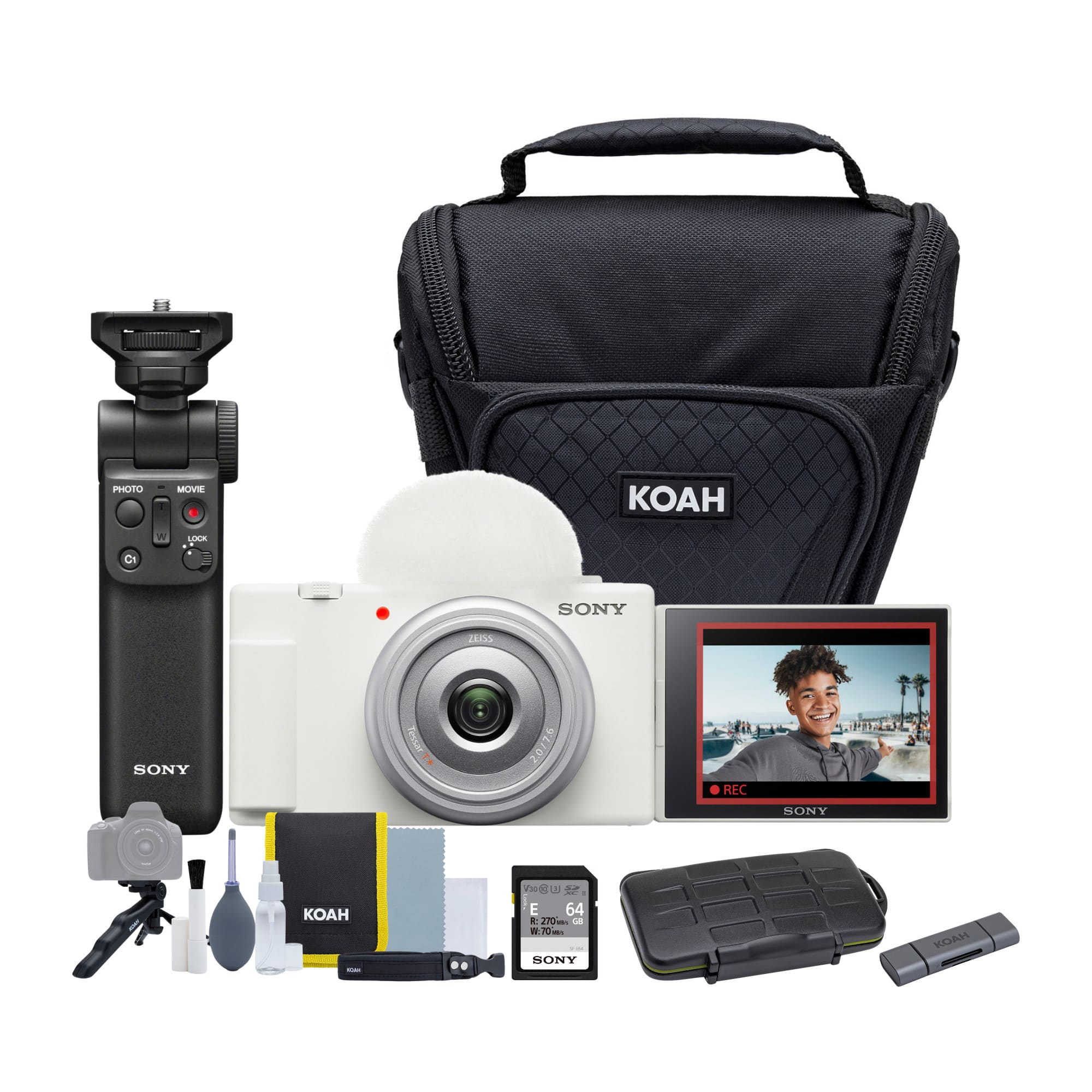 Sony - ZV 1F White Vlog Camera and Vlogger Accessory Kit Bundle