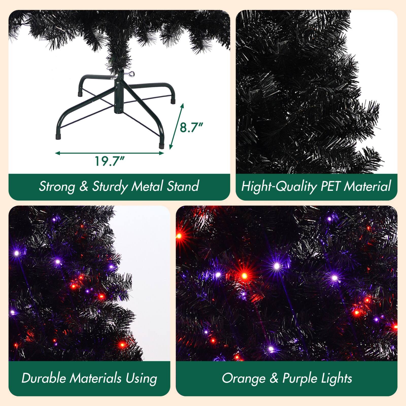 - 8.7" 19.7" Strong & Sturdy Metal Stand
- High-Quality PET Material
- Durable Materials Using
- Orange & Purple Lights
