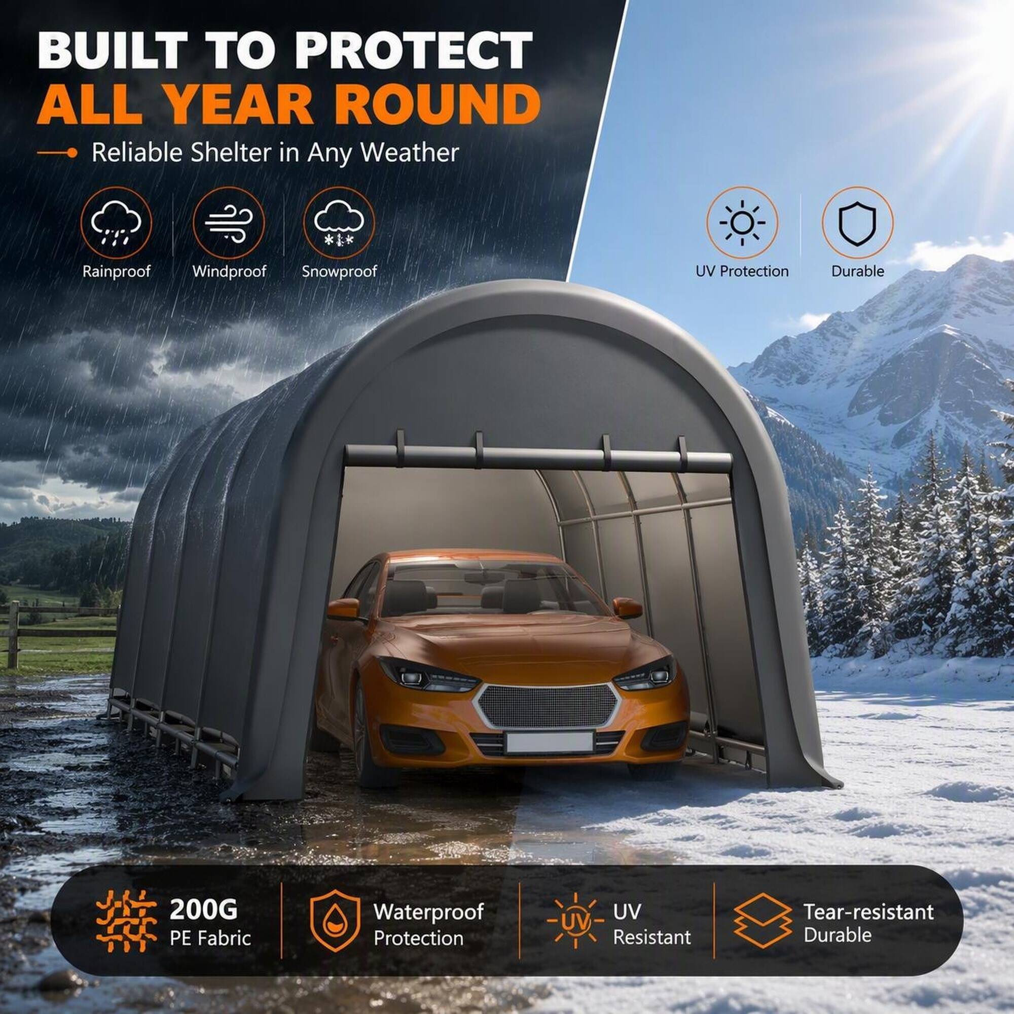BUILT TO PROTECT ALL YEAR ROUND  
Reliable Shelter in Any Weather

- Rainproof
- Windproof
- Snowproof

- UV Protection
- Durable

200G PE Fabric  
Waterproof Protection  
UV Resistant  
Tear-resistant Durable